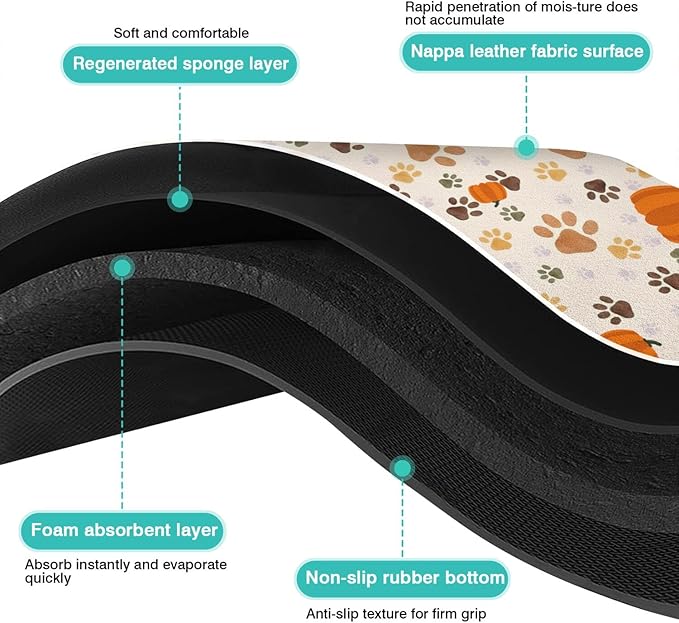 Fall Pumpkin Dog Food & Water Mat, Paw Prints Autumn Pet Feeding Mat for Floor Non-Slip Waterproof, Super Absorbent Cat Bowl Mat, Easy to Clean Eco-Friendly Durable Pet Placemat,16" × 24"