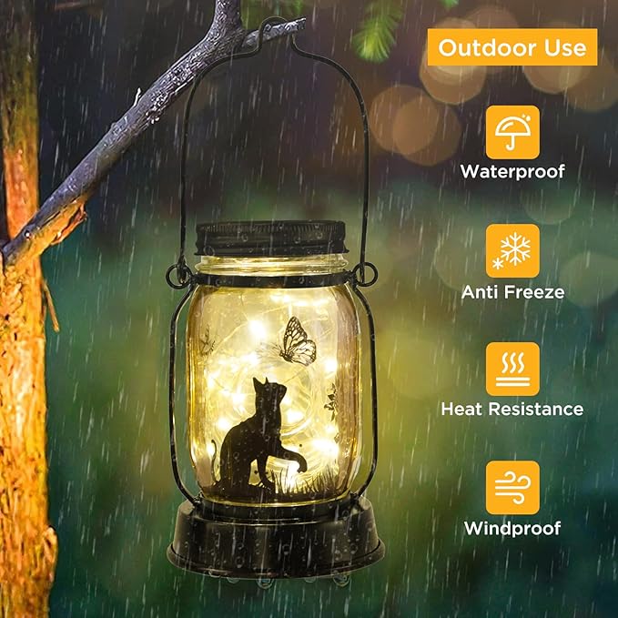 kyoryuger Cat Gifts for Women/Mom/Grandma/Sister, Cats Butterfly Solar Lights Outdoor Hanging Cat Lanterns Fairy Lights, Kitty Lamps Decor for Yard Lawn Garden Patio