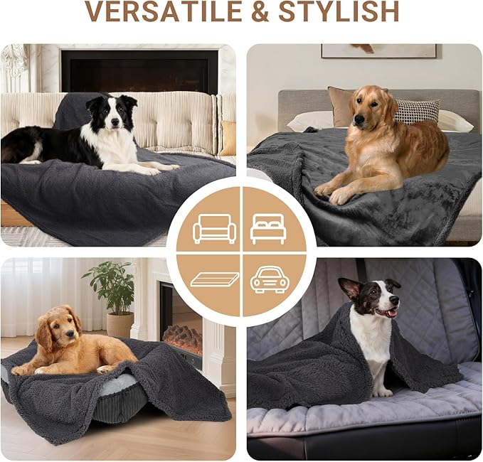Waterproof Dog Blanket for Medium Dogs - Reversible Washable Pet Blanket, Soft Sherpa Fleece Furniture Protector, Cat Throw Bed Couch, Grey, 30"x40"
