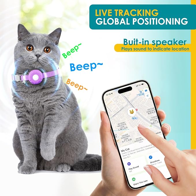 GPS Tracker for Cats, Cat Tracker Compatible with Apple Find My App (Only iOS), No Monthly Fee, Waterproof (White Tracker, Purple Cat Collar)