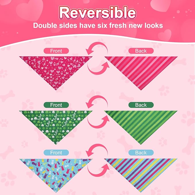 Valentines Dog Bandana St Patricks Day and Easter Dog Bandana Large 3PCS, Colorful Scarf for Boy and Girl, Triangle Reversible Bibs.