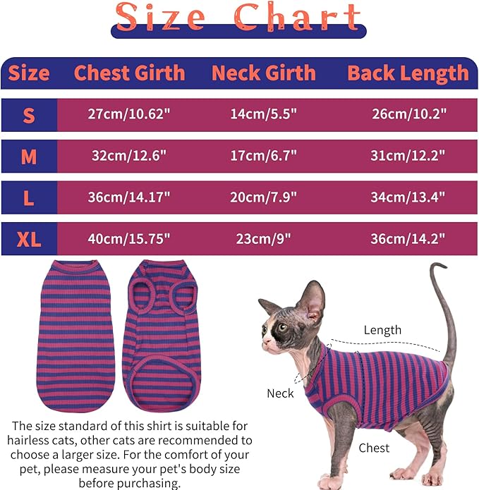 BRKURLEG Sphynx Hairless Cats Shirt Puppy Clothes Soft Cotton T-Shirts Cute Cats Pajamas Cat Stripes Vest Pet Sweater, Round Collar Vest Kitten Shirts(PinkBlue Stripes, S)