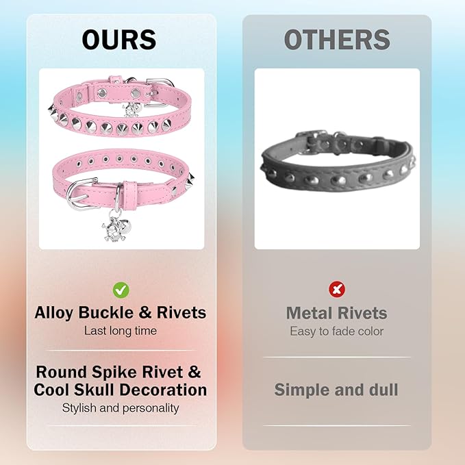 Leather Cat Collars for Boy Girl Cats with Bell and Safety Elastic Belt, Personalized Rivets Stud Adjustable Safe Buckle Collar with Skull Charm for Kitty Small Pets, Halloween Cat Collar