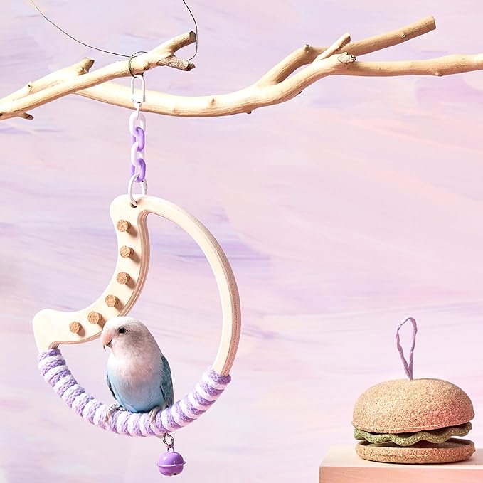 Natural Bird Swing - Moon-Shaped Parrot Perch with Bell and Cork Toys, Spinning Wooden Stand for Parakeets, Budgies, Lovebirds and Small/Medium Birds (White + Yellow)