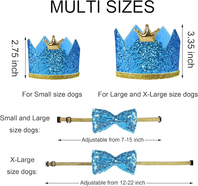 Dog Birthday Party Supplies, Multi Sizes Dog Birthday Hat Crown with Numbers Bandana Boy Bow Tie for Small Dogs Pets (Light Blue, Small)