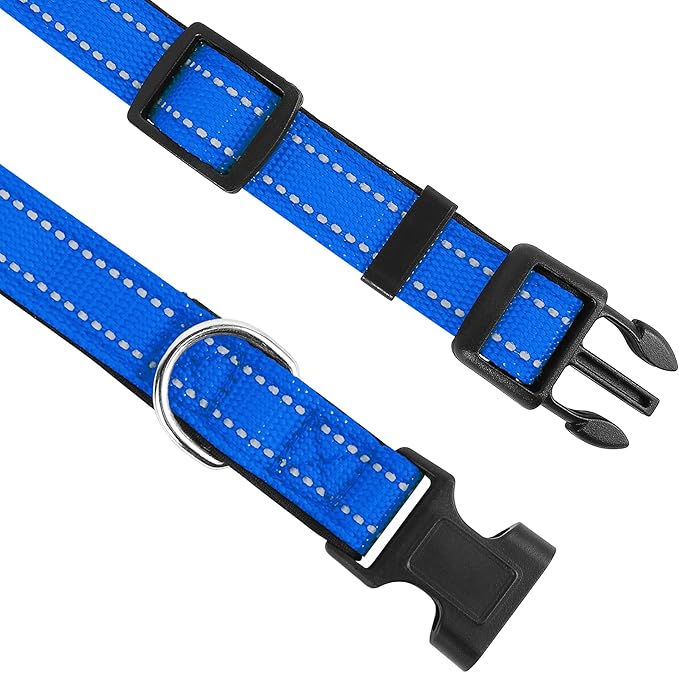 Reflective Dog Collar, Adjustable Soft Neoprene Padded Nylon Pet Collars with Buckle for Medium Dogs, Navy Blue,M