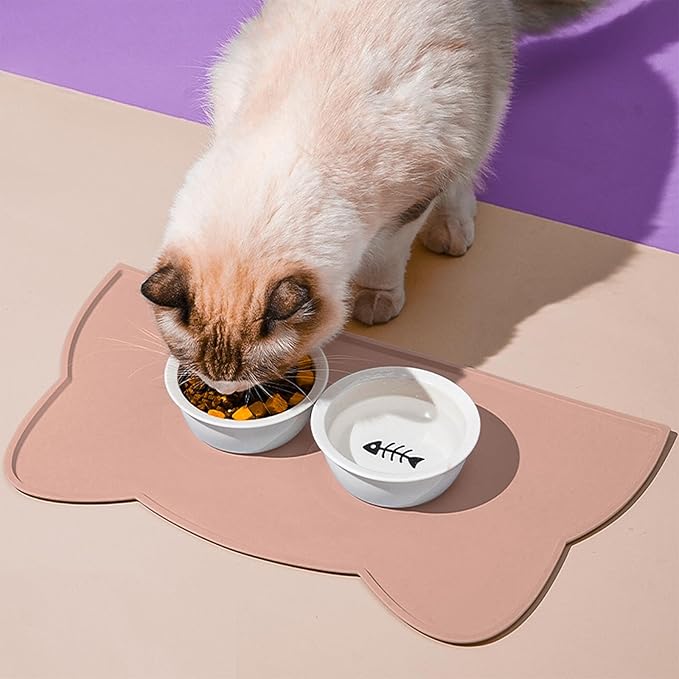Cat Food Mat, Silicone Pet Feeding Mat for Floor Non-Slip Waterproof Dog Water Bowl Tray Cushion (17" x 10", Tea Rose)