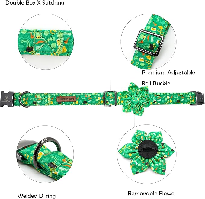 Lionheart glory St. Patrick's Day Dog Collar with Flower Dog Collars for Small Dogs, Heavy Duty Green Collars Bows Lucky Clover Shamrock Pet Collar Flower Puppy