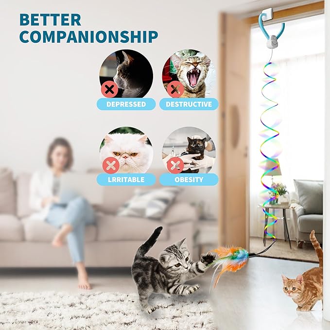 Interactive Cat Toys for Indoor Cats,Automatic String Feather Wand Teaser Enrichment Toy,USB-Rechargeable,Safe Self Play Chase Exercise,Hanging Cat Door Frame Toy for Bored Indoor Adult & Kitten Cats