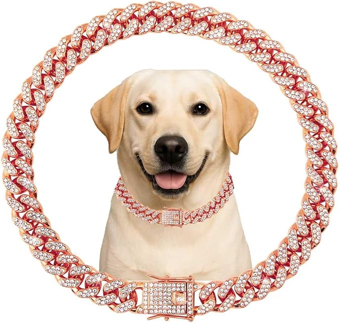 Dog Collar Cuban Link Rose Glod Crystal Dog Necklace Metal Chain Collar with Design Secure Buckle Pet Collar Jewelry Accessories for Small Medium Large Dogs Cats(Rose Glod 8inch)