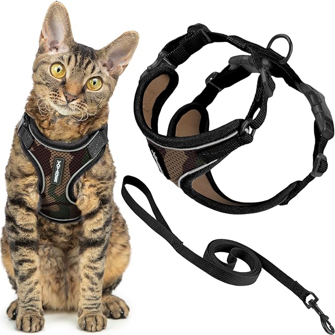 Voyager Escape-Proof Step-in Lock Cat Harness & 5ft Neoprene-Handle Leash Set All-Weather Mesh with Reflective Stitching for Small to Large Cats by Best Pet Supplies, Army (327), M
