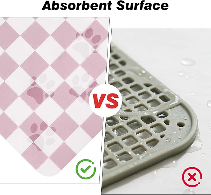 Checkered Dog Food Mat, Absorbent Leak-Proof Pet Feeding Mat, Quick Dry Cat Food Mat for Messy Drinkers 16" x 24" Pink