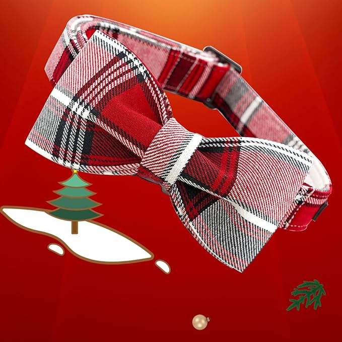 Dog Collar, Christmas Dog Collar Plaid Pet Collar Bow Holiday Bows Girl Boy Puppy Collar Adjustable Pet Collar for Large Dogs