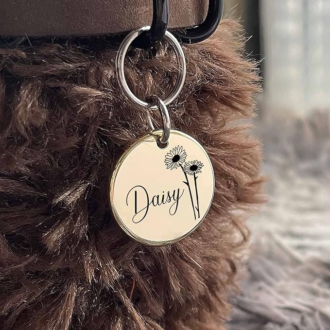 Cats Dogs ID Tags Personalized Engraving Birth Flowers Pattern for Custom Pets Collar Accessories Shiny Brass Copper Large Round Name Plate