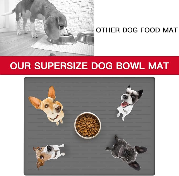48" x 32" Largest Pet Food Mat, XXXL Silicone Dog Mats for Food and Water, Nonslip Pet Feeding Mats for Floors,Dog Cat Bowl Mat with Raised Edges, Gray Blue