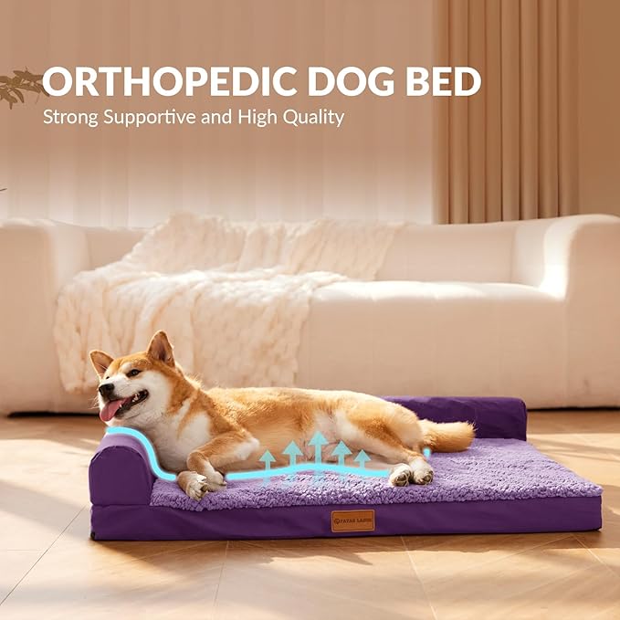 Patas Lague Orthopedic XL Dog Bed Large Sized Dog 42''X28'', Waterproof L Bolster Big Pet Sofa Beds with Removable Washable Cover, Soft Comfortable Pet Couch Crate Mat with Nonskid Bottom, Purple