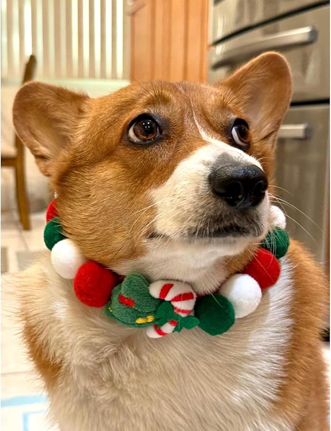 Lionheart glory Christmas Collar Pom-Pom Plush Ball Collar for Small Dogs Pet Christmas Costume Soft Funny Dog Collar Xmas Party Accessories Headgear