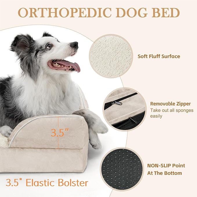 Comfort Expression Orthopedic Dog Bed for Small Dogs 24x16 Inch, Waterproof Supportive Egg Crate Foam Small Pet Bed with Removable Bolsters, Dog Couch with Washable Cover & Non-Slip Bottom, Beige