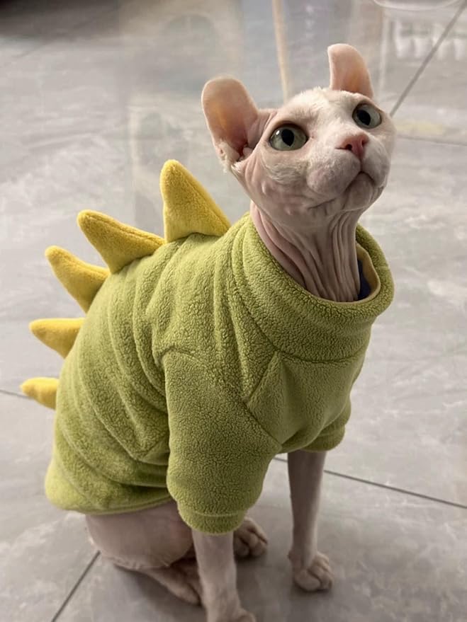Dinosaur Sphynx Cat Clothes, Soft Polar Fleece Sweater for Cat, Elastic Pet Clothes Thick Winter Warm Outfit for Hairless Cat, Devon, Cornish, Small Dogs Apparel with Sleeves (Green, Medium)