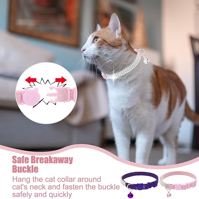 EXPAWLORER Soft Velvet Safe Cat Collars for Girl Cats -2 Pack Rhinestones Bling Diamante Adjustable Collars Breakaway- Chirstmas Cat Clollar Gifts with Bells for Boy Cats Kitty and Small Dogs