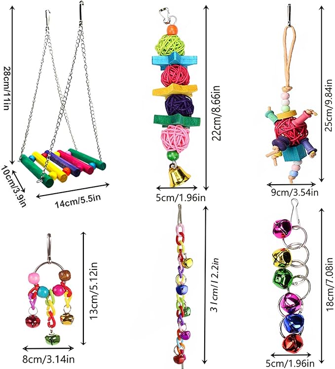 8 Pcs Parakeet Cockatiel Bird Toys, Parrots Cage Accessories Swing Wooden Perch Chewing Toy for Budgerigar, Conures, Love Birds, Finches, Budgies