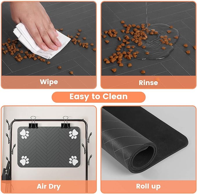 Pet Feeding Mat-Absorbent Pet Placemat for Food and Water Bowl, with Waterproof Rubber Backing, Quick Dry Water Dispenser Mat for Dog and Cat (27"x17", Striped Dark Gray)