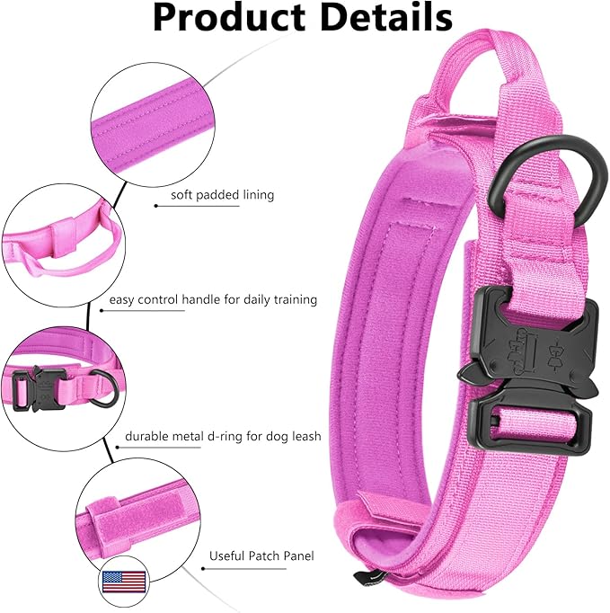 DAGANXI Tactical Dog Collar, Adjustable Military Training Nylon Dog Collar with Control Handle and Heavy Metal Buckle for Medium and Large Dogs, with Patches and Airtags Case (M, Pink-Set)