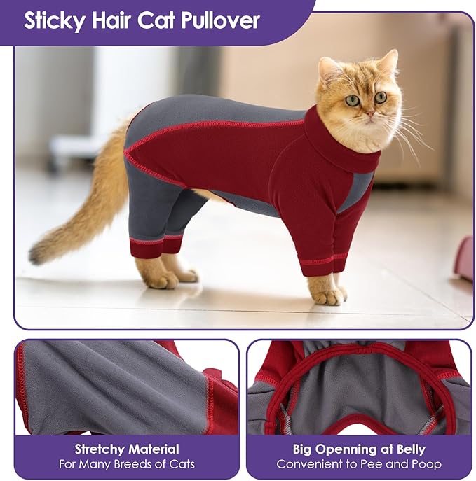 SUNFURA Hair Sticky Cat Clothes, Cat Sweater for Cats Only, 4-Legged Fleece Sweaters Kitten Pajamas Reduce Shedding Fur, Warm Pullover Shirts for Cats, Red S