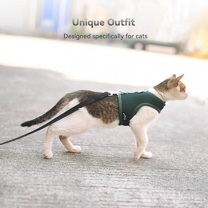 Cat Harness and Leash for Walking Escape Proof Breathable Mesh Fabric, Solid Green, Large, Adjustable Cat Walking Jackets, Padded Stylish Cat Vest