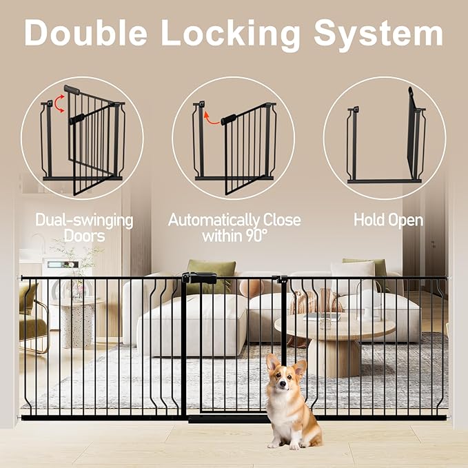 WAOWAO Baby Gate 43.3-52.75" Extra Wide Pressure Mounted Walk Through Swing Auto Close Safety Black Metal Toddler Kids Child Dog Pet Puppy for Stairs,Doorways,Kitchen