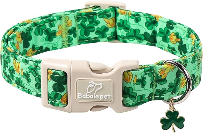 St. Patrick's Day Dog Collar for Medium Dogs - Green Shamrock & Yellow Flower Print Dog Collars, Cute Irish Party Puppy Collar, Lightweight Adjustable St. Patricks Day Pet Collars M