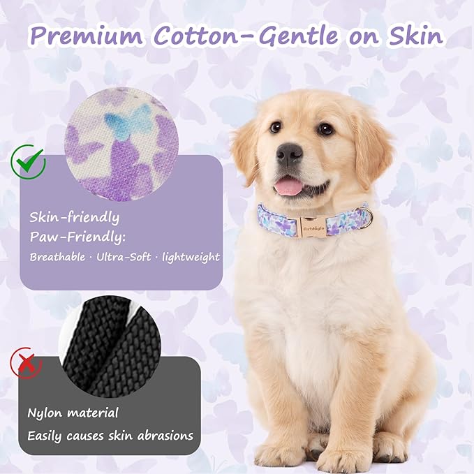 Elegant Butterfly Dog Collar, Purple Blue Gradient Design Collars for Dogs, Adjustable Comfortable for Small Medium Large Dogs, Handmade Cotton Puppy Collar for Daily Walks 、Park Adventures-L