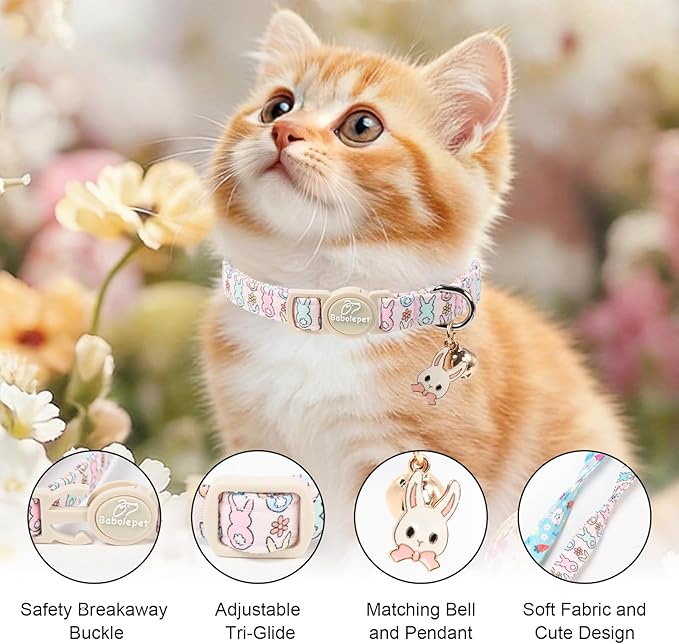 2 Pack Easter Bunny Cat Collars - Cute Breakaway Easter Cat Collar with Bell & Bunny Pendant, Adjustable Spring Holiday Pink Blue Kitten Collars for Boy Girl Cats