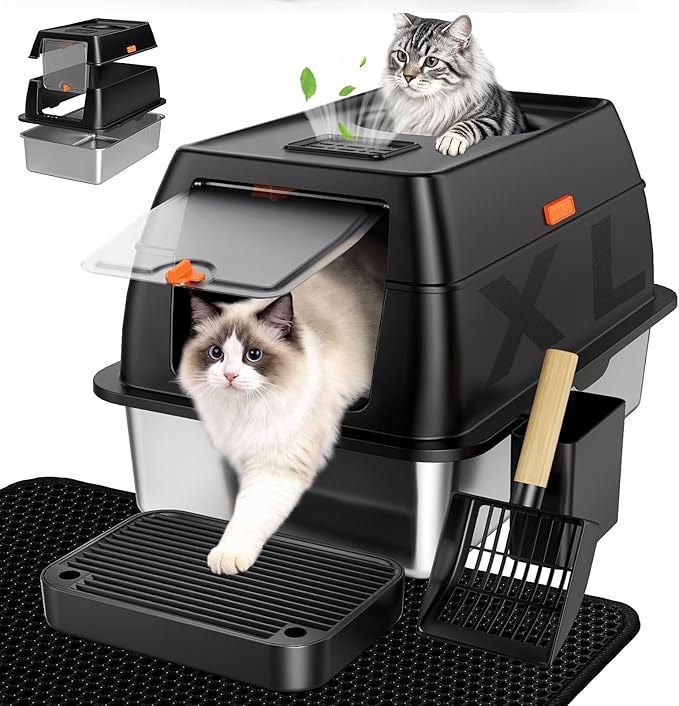 Extra Large Stainless Steel Litter Box with Lid, High Sided Enclosed Metal Cat Litter Pan, Dog Proof Front Entry Top Exit, Odor Control Easy Clean Leak Proof, Includes Mat, Scoop & Step, Black