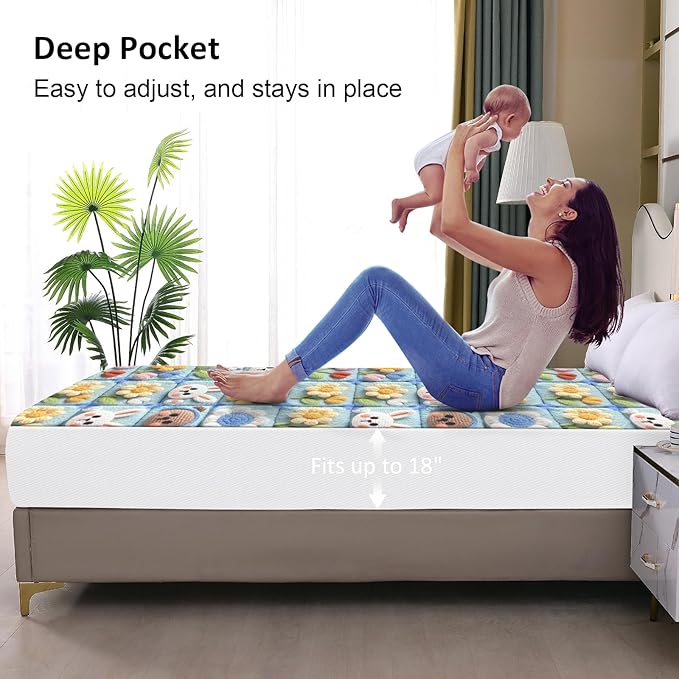 Twin Mattress Protector Waterproof, Fitted Sheet Style Breathable Mattress Cover with Deep Pocket Fits Up to 18'', Noiseless Bed Cover for Kids Adults Pets, Machine Washable (Squares, Twin)