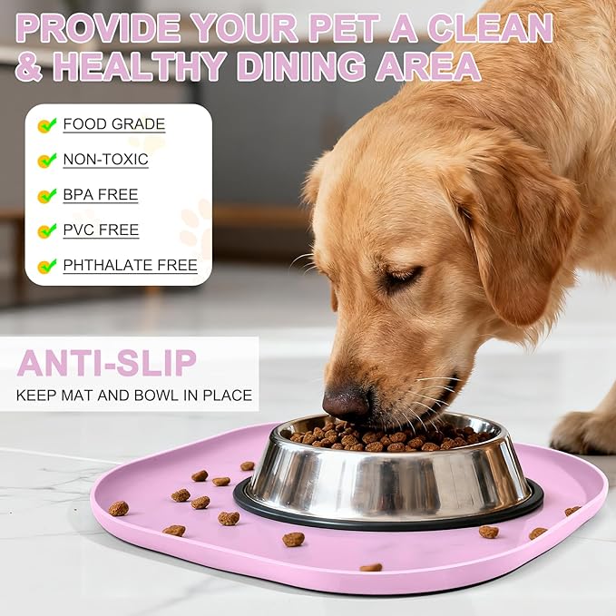 Small Silicone Pet Food Mat with Raised Edge for Food and Water Bowl, Square Dog Feeding Mats, Cat Food Trays for Floor Waterproof, Rubber Tray for Dogs and Cats, 12 x 12 x 0.7 Light Pink