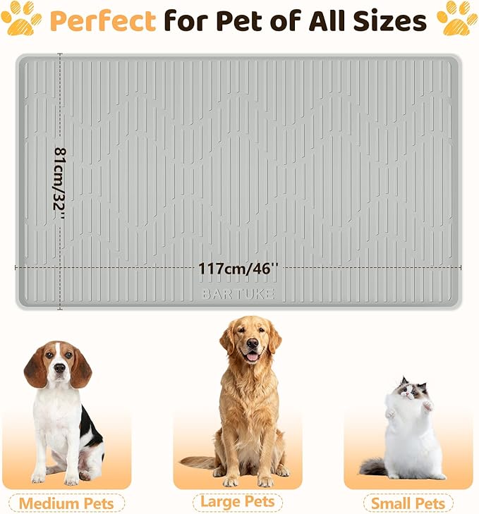 Silicone Cat & Dog Food Mat, 46" x 32" Extra Large Pet Feeding Mat for Cats and Dogs Bowl, Pet Placemat for Food and Water with Raised Edge, Waterproof, Leakproof (Grey)