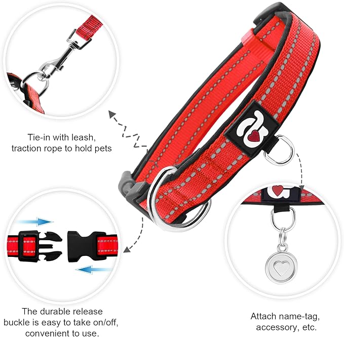 azuza Reflective Dog Collar,Soft Neoprene Padded Pet Collar with ID Tag Ring,Adjustable for Small Dogs,Red,S