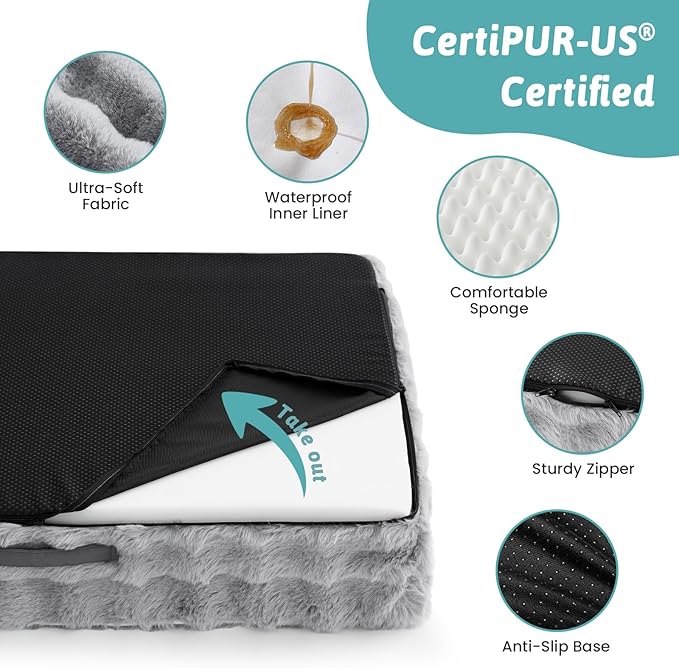 Faux Fur Orthopedic Dog Bed, Extra Large Dog Bed, Supportive Foam Pet Sofa with Waterproof Lining Cover, Washable U-Shaped Pet Couch with Anti-Slip Bottom Design, Grey XXL 48x32x8 inch