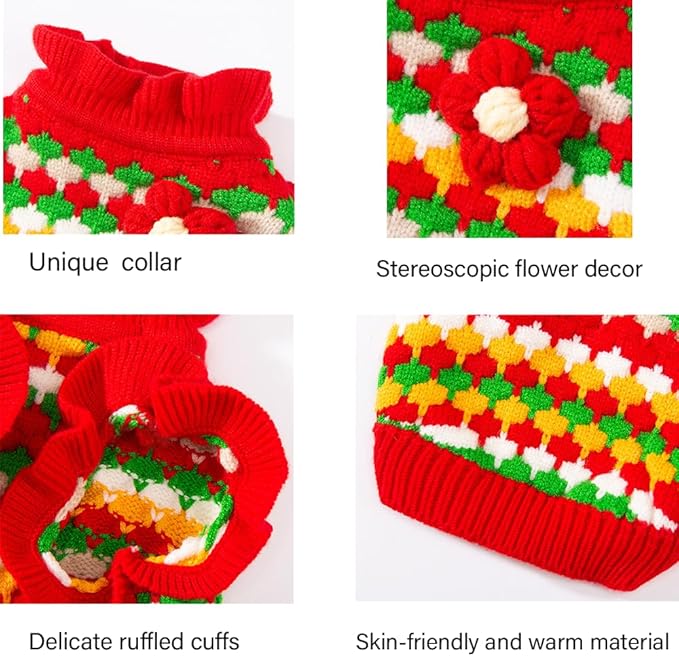 Small Dog Sweater, Knitted Tulip Cat Sweater, Warm Thick Holiday Puppy Clothes for Dogs Girl,Cold Weather Outfit for Kitten Chihuahua Yorkie Teacup Dachshund Pug (Red, Small)