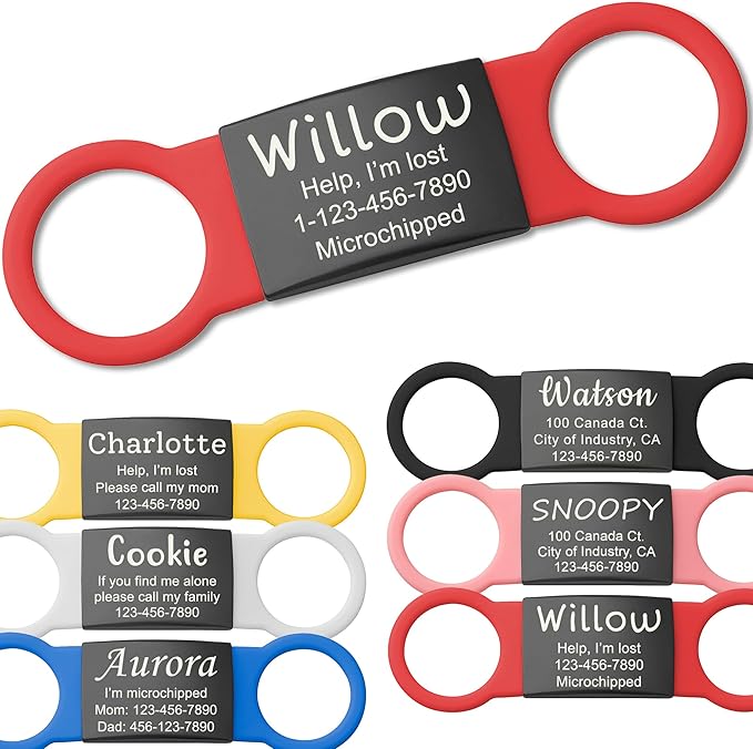 Anavia Slide On Silent Pet ID Tags, S/M/L/XL Personalized Black Stainless Steel Colored Silicone Cat Dog Name Tag, Customized Engraved Nameplate, Quiet Chew-Proof Pet Collar Tag (Red, Small)