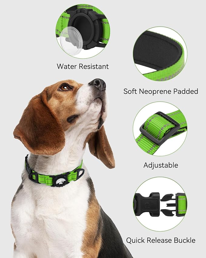 Joytale Airtag Dog Collar, Reflective Pet Collar with Waterproof AirTag Holder, Dual D-Rings, Soft Padded Adjustable for Large Dogs, Green, L
