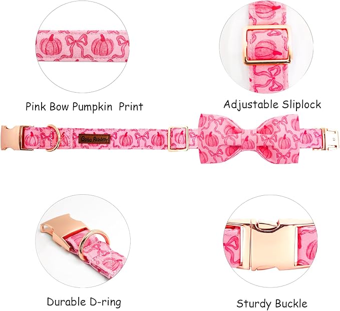 Dog Collar, Pink Pumpkin Print Adjustable Pet Collar Cute Cotton Soft Collars with Bow Tie Fall Metal Buckle Holiday Puppy Collars Boy&Girl Gift for Small Dogs