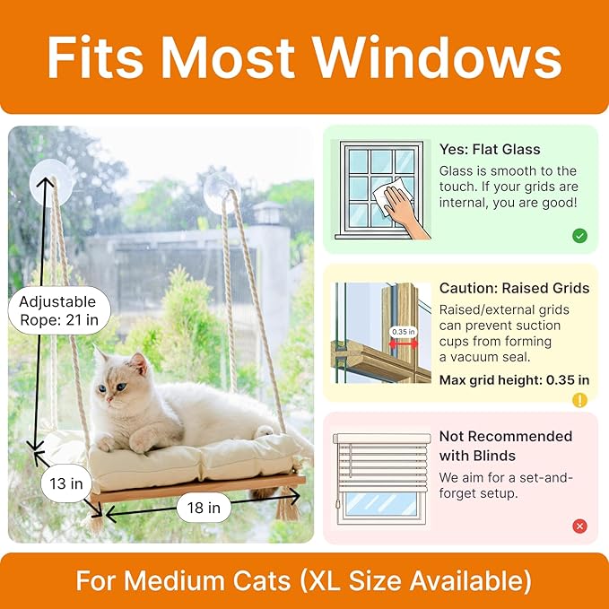 Cat Window Perch with Industrial-Grade Suction Cups - Solid Pine Wood Hammock Bed, Soft Cushion - 42 lb Capacity for Cats Inside