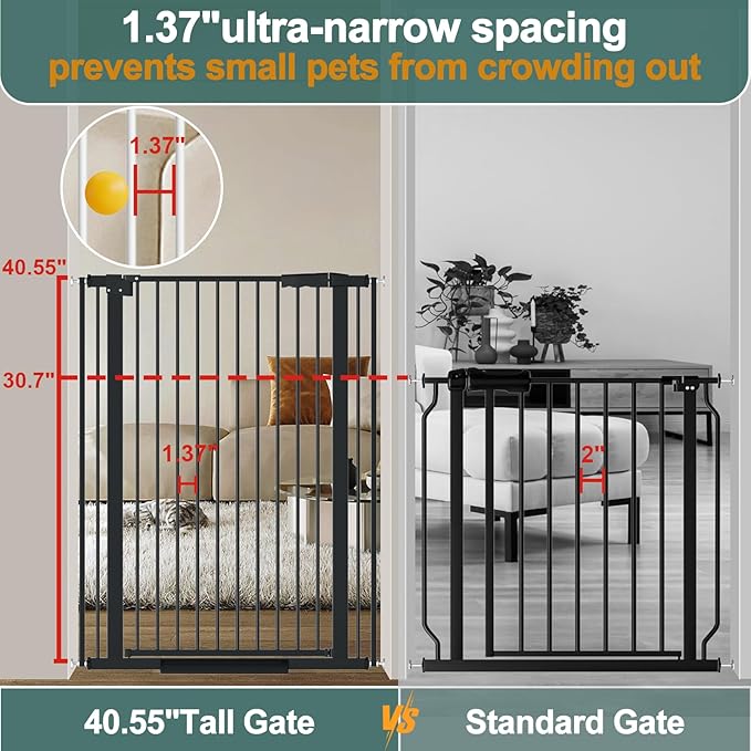 40.55" Tall, 45.86-53.74 Inch Wide, 1.37" Ultra Narrow Spacing Dog Pet Baby Gate Indoor for Doorway Hallway, Pressure Mounted 46 47 48 49 50 51 52 53 Inches Wide Black