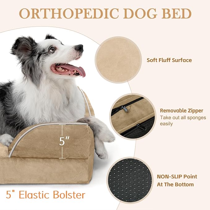 Comfort Expression Orthopedic Dog Bed for Extra Large Dogs 48x30 Inch, Waterproof Egg Crate Foam XXL Pet Bed with Removable Bolsters, Dog Couch with Washable Cover & Non-Slip Bottom, Light Brown
