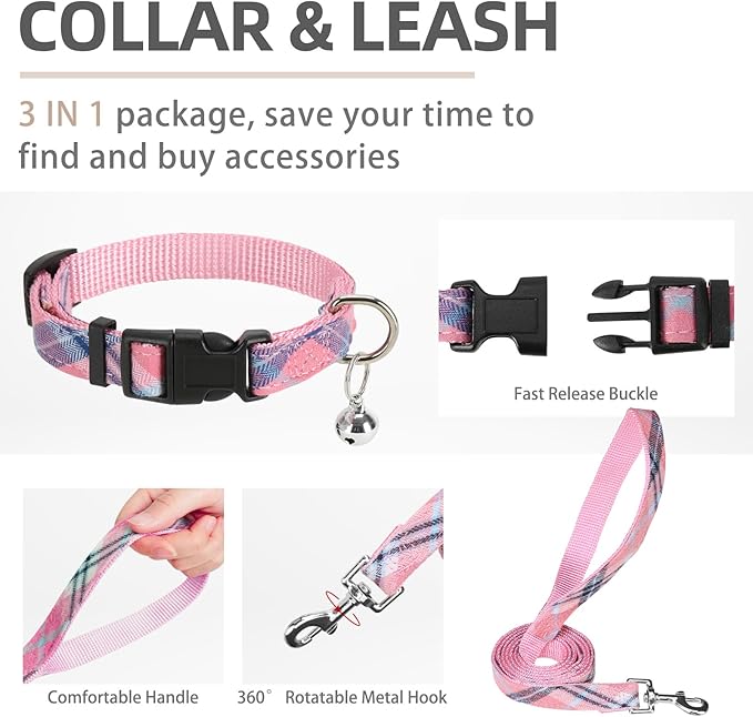 PUPTECK Adjustable Dog Harness Collar and Leash Set Step in No Pull Pet Harness for Small Medium Dogs Puppy and Cats Outdoor Walking Running, Soft Mesh Padded Reflective Vest Harnesses, Pink M