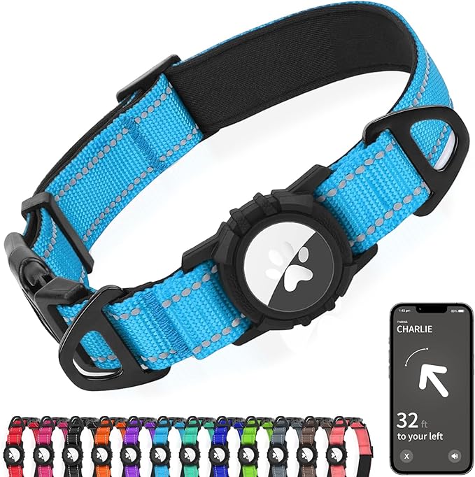 Joytale Airtag Dog Collar, Reflective Pet Collar with Waterproof AirTag Holder, Dual D-Rings, Soft Padded Adjustable for Large Dogs, SkyBlue, L