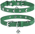 Leather Cat Collars for Boy Girl Cats with Bell and Safety Elastic Belt, Personalized Star and Moon Stud Adjustable Safe Buckle Collar for Kitty Small Big Cats Size 8-12 Inch, Green