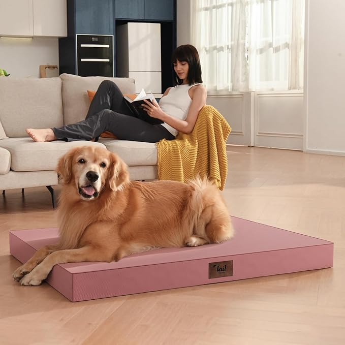 Outdoor Large Washable Dog Bed, Orthopedic Egg Crate Foam Dog Crate Mat for Large Dogs with Removable Oxford Cooling Cover, Pink